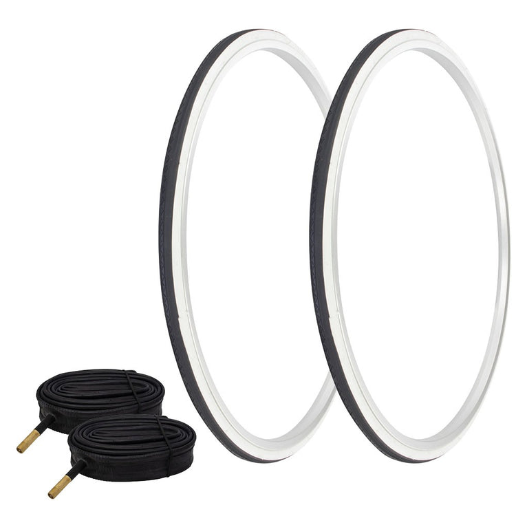 PRO+ TIRES 700 x 25 BLACK/WHITE P-1076 W/TUBES 48mm Schrader Valve